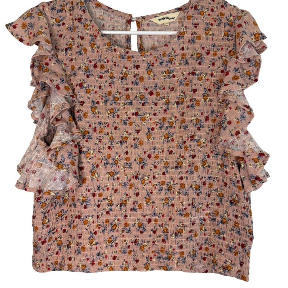 Rocks & Indigo XL Pink Floral Ruffle Sleeve Cotton Blouse Boho Cottagecore